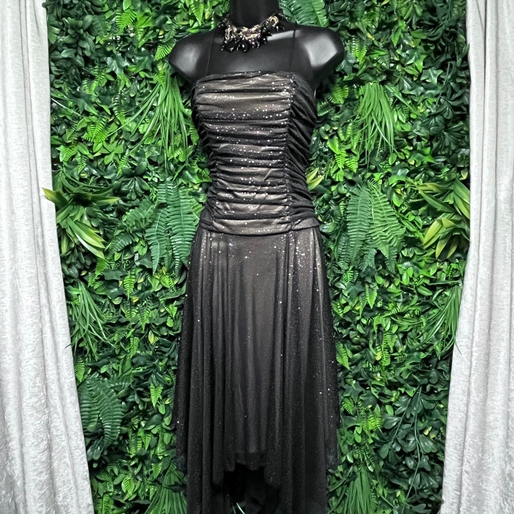 Y2K Cachet Dress 6 Black Silver Shimmer Ruched Handkerchief Hem‎ Cocktail 4020